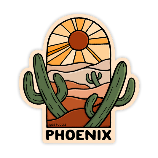 Phoenix, Arizona - Vinyl Sticker - Desert Sunset Cactus