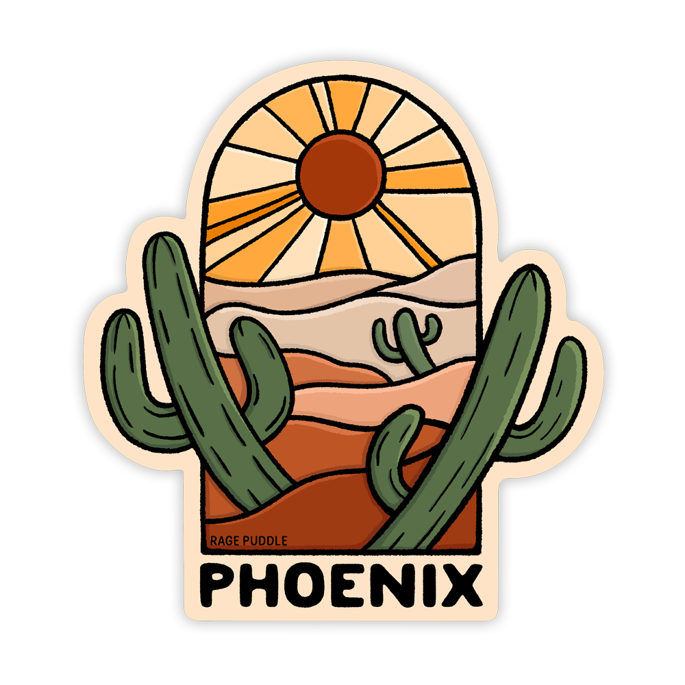 Phoenix, Arizona - Vinyl Sticker - Desert Sunset Cactus